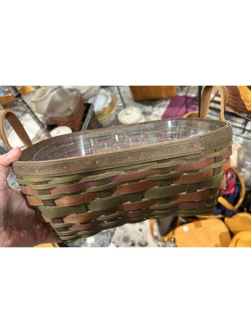 Longaberger Harvest Green Olive Merlot Woven Basket with heavy duty protector